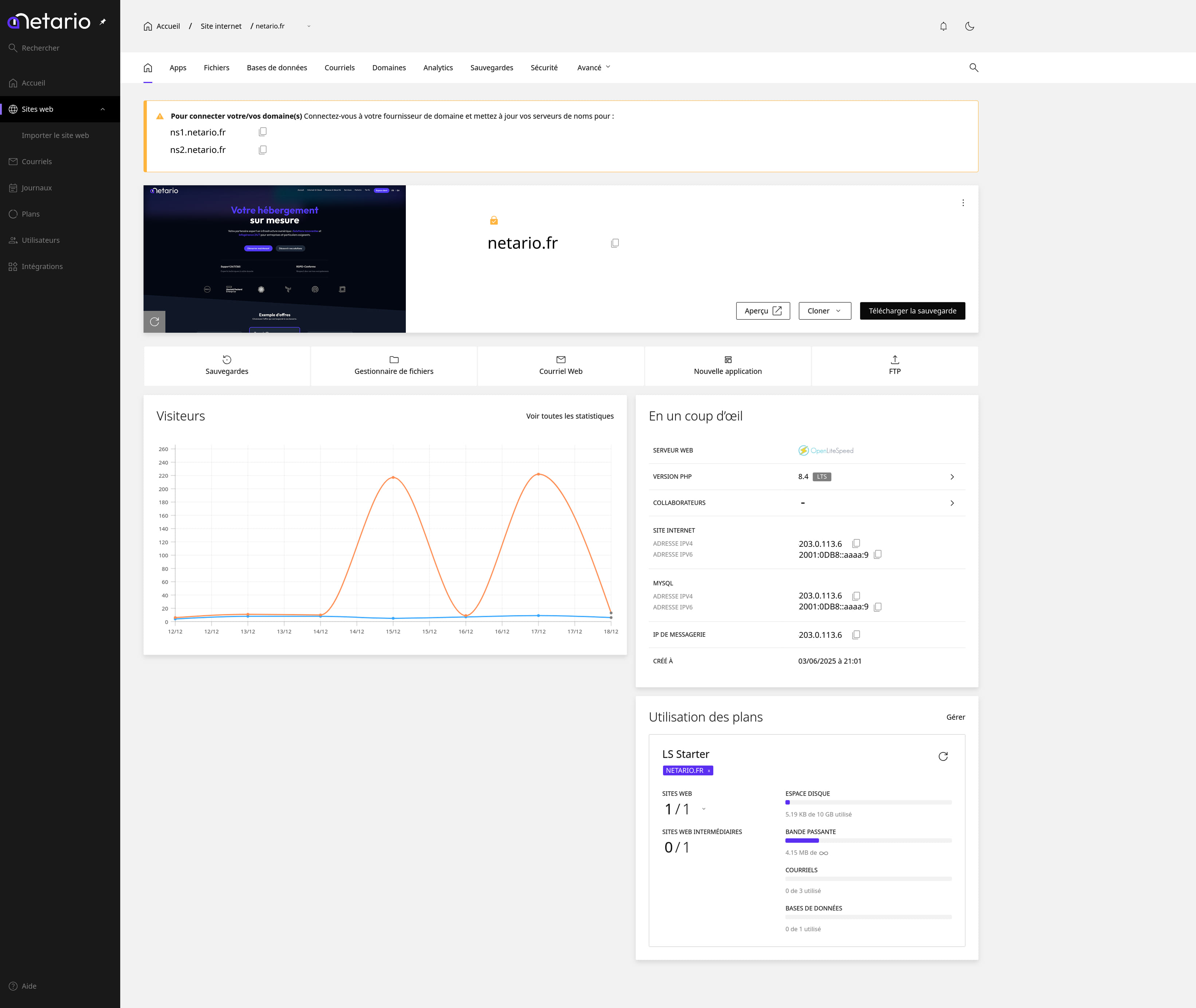 Panneau de contrôle hébergement web - Gestion de site